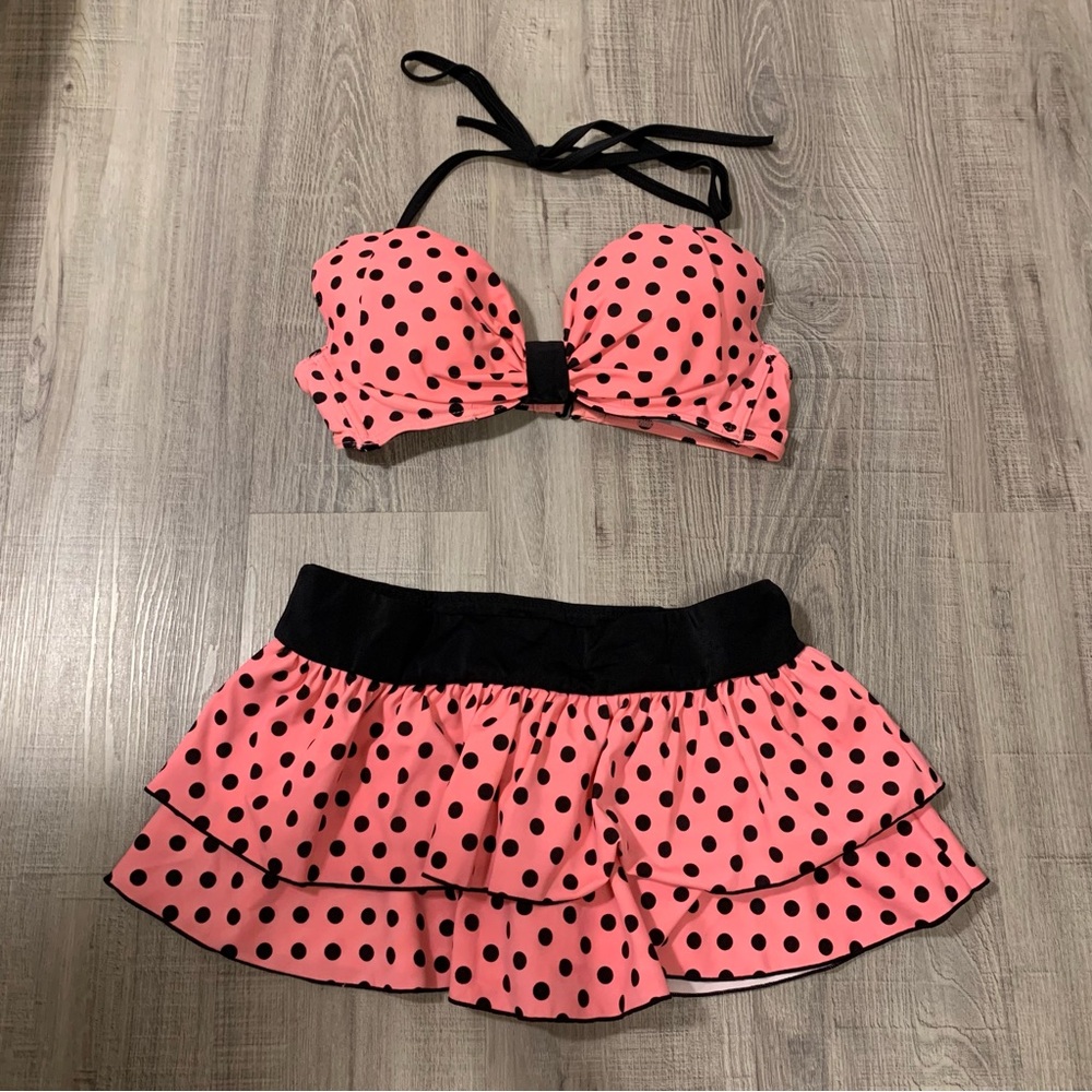 Aimer Feel Pink and Black Polka Dot Ruffle Bikini with ruffled skirt
